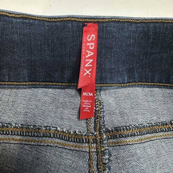Spanx Jeans Women Medium Ankle Skinny Blue Pull On Stretch Denim Distressed Fray - Picture 10 of 14